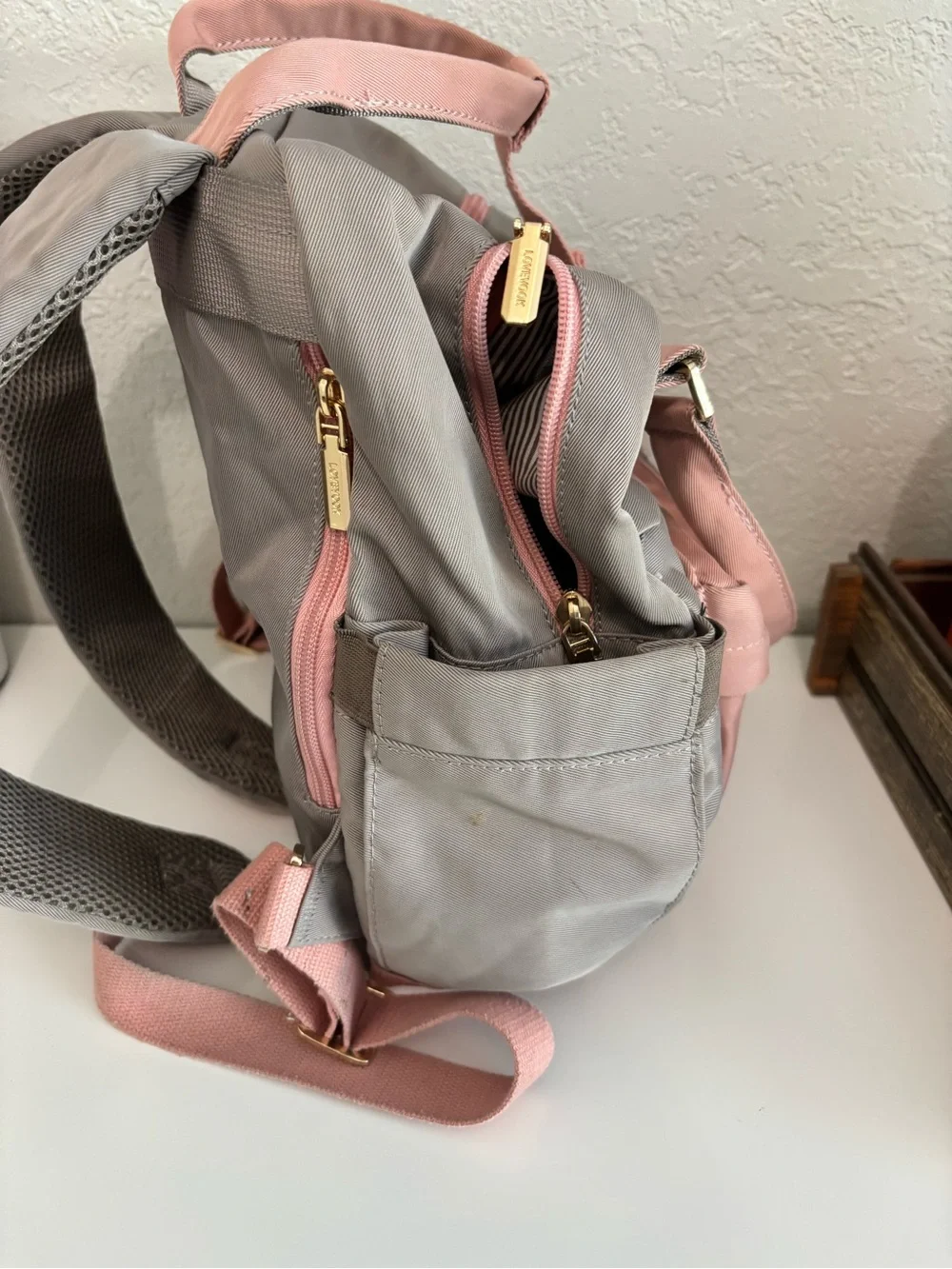 Two-Tone Pink and Taupe Women’s Backpack Purse with built in charging ports